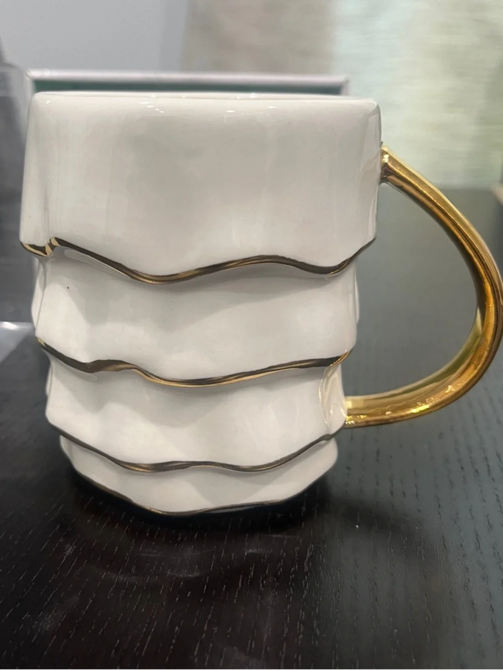 Paper Destiny White Ruffled Ceramic Mug Gold Trim Coffee Tea Modern Glam